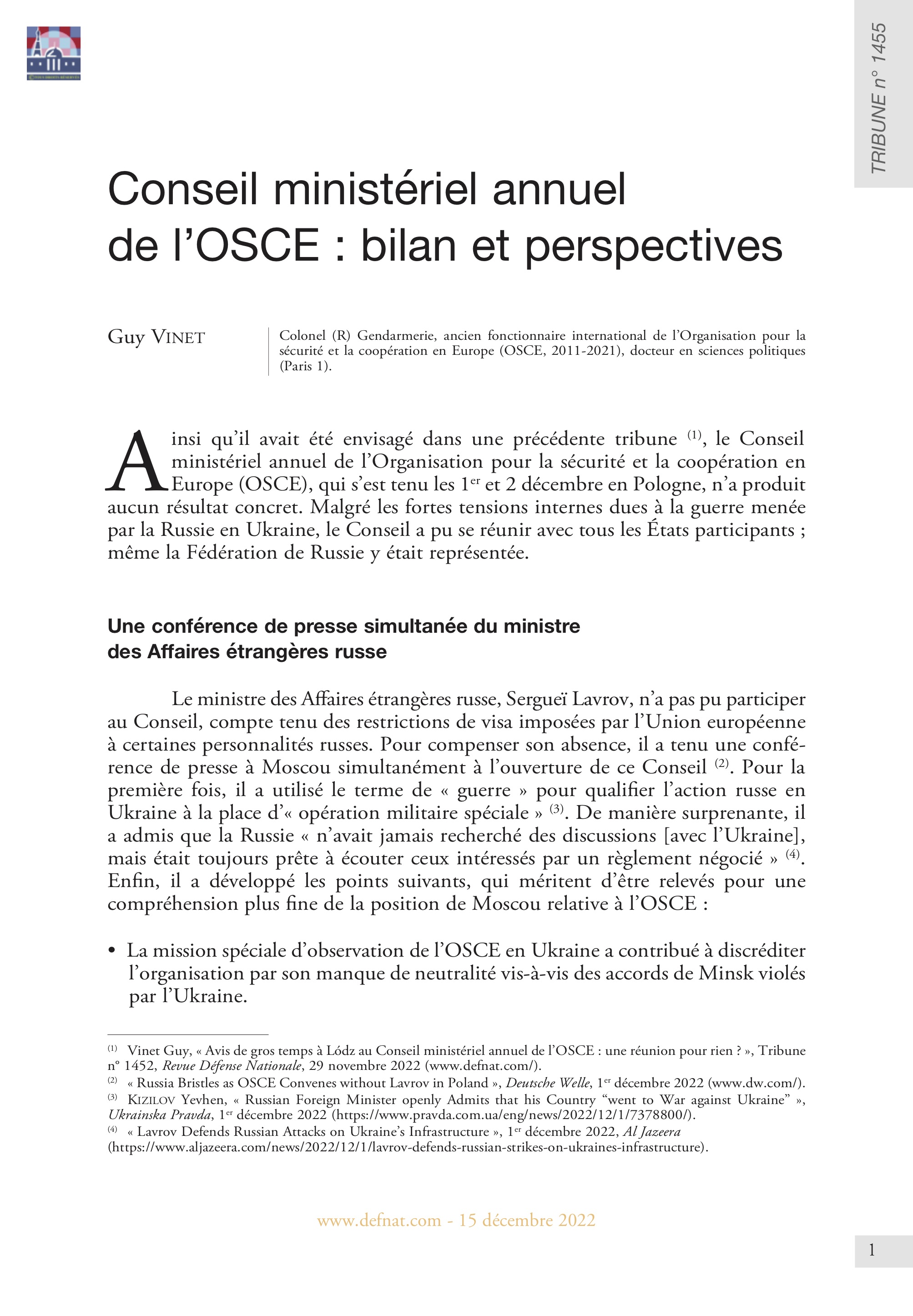 Conseil ministériel annuel de l’OSCE : bilan et perspectives (T 1455)
